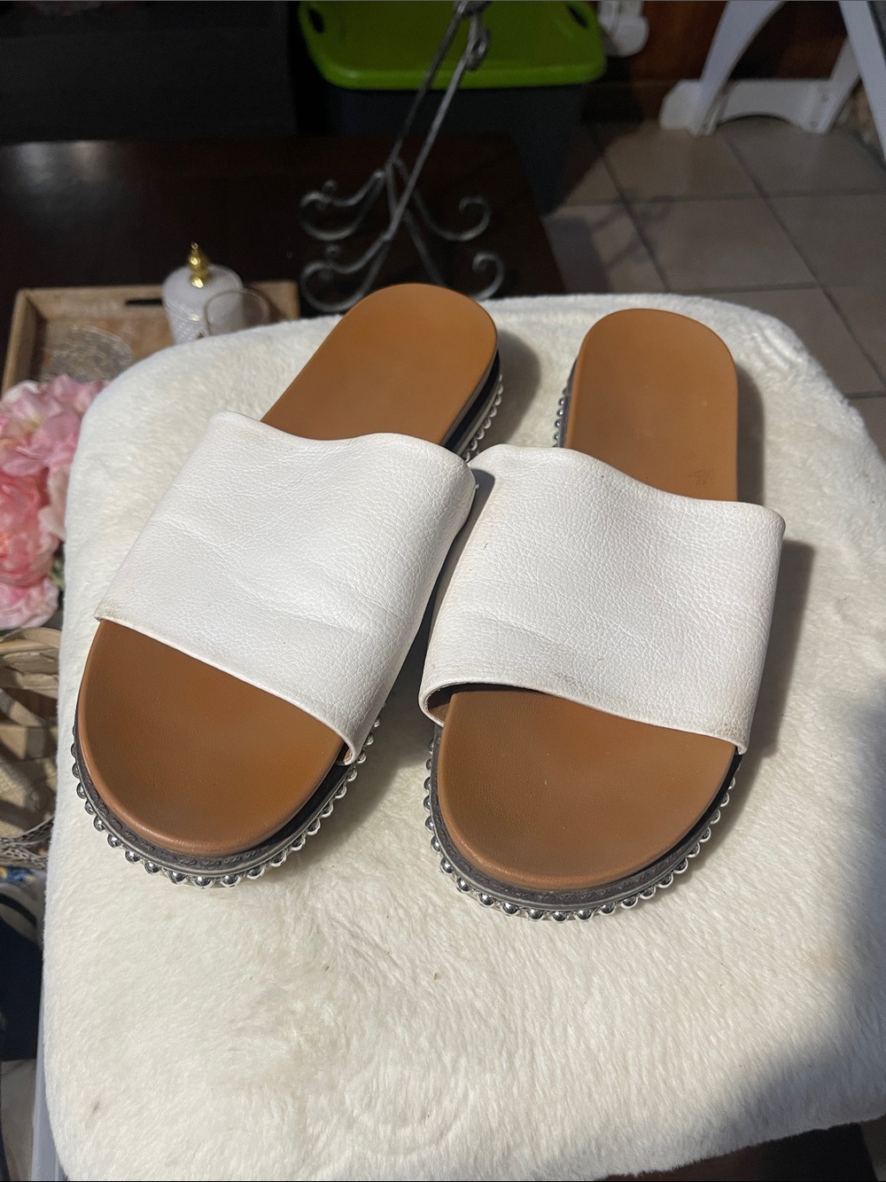 Women's White Slide Sandals with Brown Footbed and Silver Accent